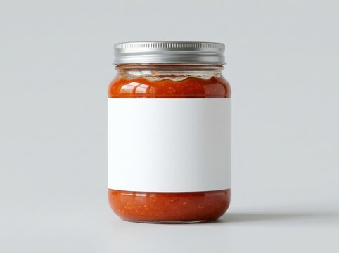Glass jar with red sauce and blank label on a light gray background, food product mockup