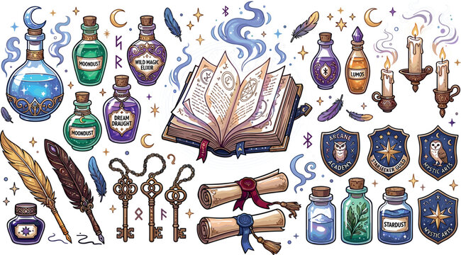 Magic Spellbook and Potion Bottles Vector Set with Open Grimoire Scroll Keys Feathers Inkwell and Mystical Witchcraft Icons for Fantasy Graphic Design