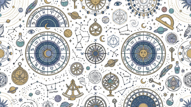 Mystical Astrology Seamless Pattern Vector with Zodiac Signs Constellations Vintage Sun Moon Planets and Esoteric Celestial Charts for Esoteric Wallpaper Design