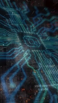 Glowing blue digital circuit forming a central core over a background of computer code. Symbolizes software engineering and artificial intelligence.