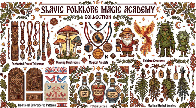 Slavic Folklore Magic Academy Vector Collection with Mythical Creatures Potions Mushrooms Herbs and Traditional Embroidery Patterns for Fantasy Theme Graphic Designs