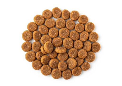 Close-up of brown round dog treats or biscuits pile isolated on transparent background