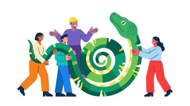 Diverse Team Collaborating on a Giant Green Python Symbol.