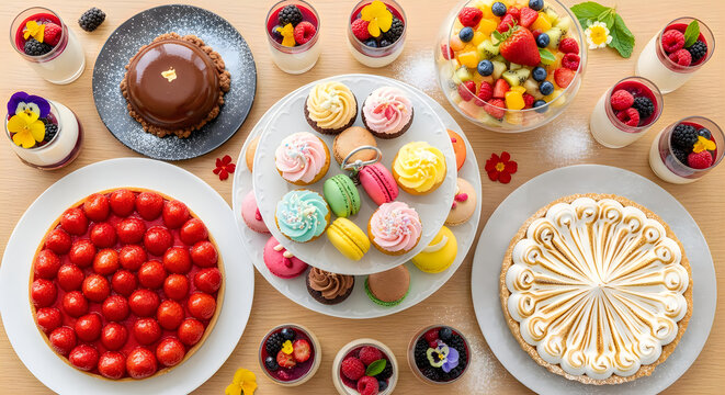Assorted fresh fruit desserts arranged on wooden table, sweet pastry tarts plus creamy pudding cups dessert tart cake macaron, colorful berry macarons glazed chocolate, strawberry raspberry blueberry.