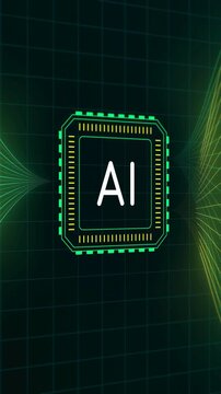 Close-up of a glowing green AI processor chip on a digital grid with light trails. Symbolizes artificial intelligence core computing power.