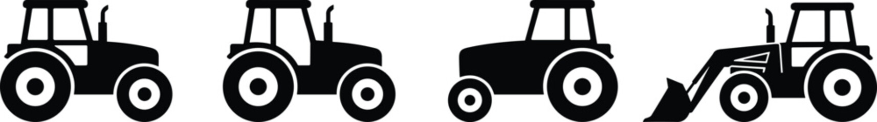 Agricultural Tractor Silhouette Set with Farm Vehicles and Front Loader Equipment for Farming Operations © MdShah