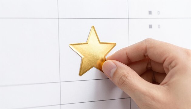 Hand placing a gold star sticker on a blank calendar grid as a reward or achievement marker