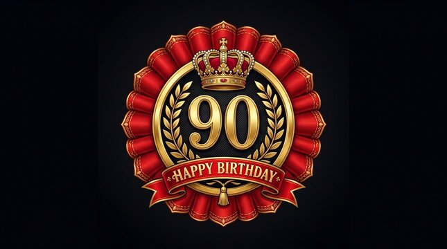 Golden 90th birthday badge, happy birthday crown emblem, red ribbon rosette
