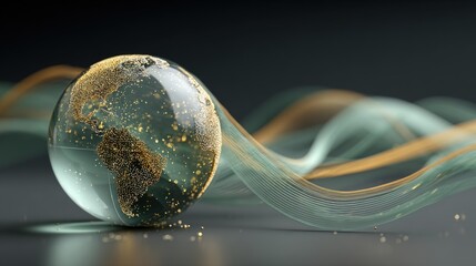 Obraz premium Crystal earth sphere with golden glitter map and flowing digital data waves on dark background