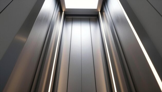 Modern stainless steel elevator interior viewed upward toward closed doors and skylight with vertical LED lighting, sleek symmetrical design