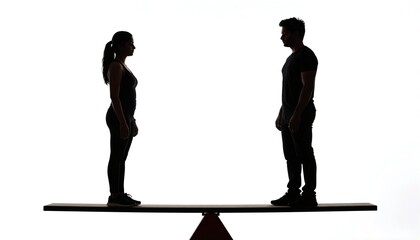 Naklejka premium Silhouettes of a man and woman standing face-to-face on a balancing plank, suggesting balance, comparison, and relationship dynamics