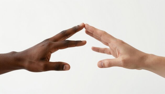 Two hands of different skin tones reaching toward each other, fingertips nearly touching against a plain white background