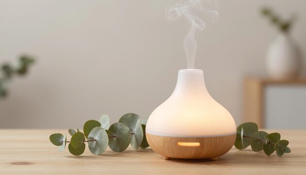 Ultrasonic essential oil diffuser emitting gentle mist with eucalyptus sprigs on a wooden table, soft ambient light and minimalist, natural home decor