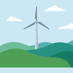 A single wind turbine stands on rolling green hills at daytime © Robert