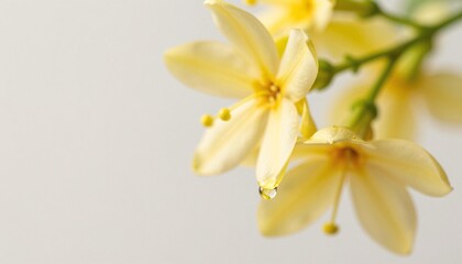 Obraz premium Close-up of delicate pale yellow blossoms with a dew droplet on a soft pastel background, shallow depth of field botanical macro composition