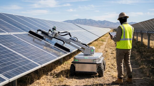 Engineer monitoring automated cleaning robot on solar panels at photovoltaic power plant, renewable energy maintenance, sustainable technology, green electricity generation