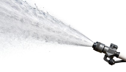 Fototapeta premium Fire hose nozzle spraying a strong high-pressure water jet across a white background