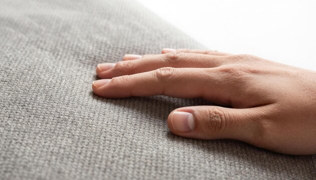 Close-up of a human hand touching gray fabric upholstery, highlighting woven texture and fingertip contact on a cushion surface