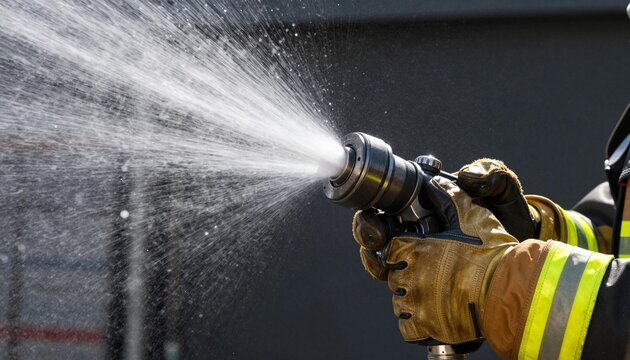 Close-up of firefighter gloved hands holding a hose nozzle spraying a high-pressure water stream