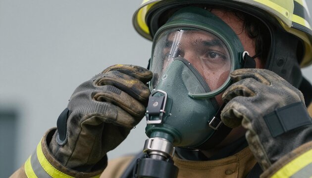 Firefighter adjusts full-face respirator mask while wearing helmet, gloves and turnout gear