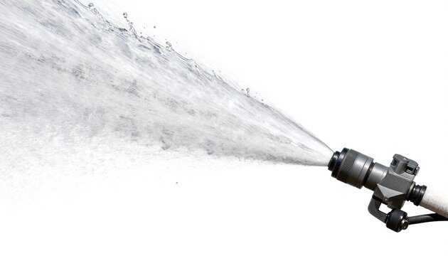 Fire hose nozzle spraying a strong high-pressure water jet across a white background