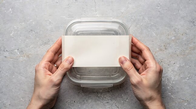 Hands Holding Blank Label on Clear Plastic Food Container.