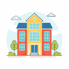 Fototapeta premium Colorful Flat Illustration of a Modern Building with Trees and Clouds