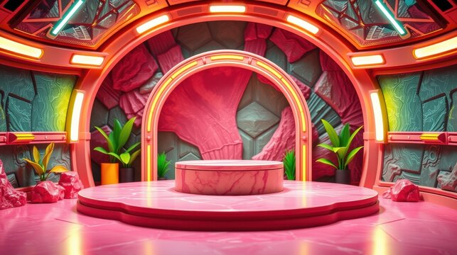 Futuristic stage design. Pink hues dominate, with geometric shapes, lights, plants. Dramatic backdrop suggests cavernous setting. Modern, vibrant.