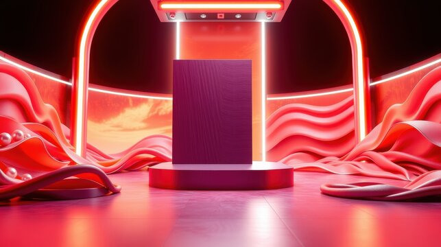 Abstract stage design. Red neon lights illuminate empty platform. Dramatic lighting creates futuristic atmosphere. Minimalist presentation space.