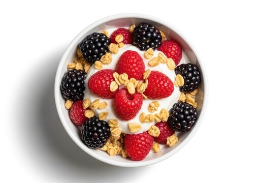 Fresh fruit yogurt parfait in a white bowl isolated on white background