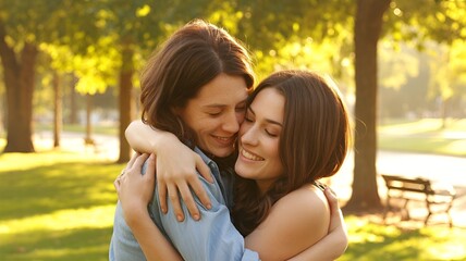 Fototapeta premium Two smiling women hugging affectionately in a park.