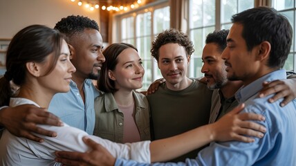 Obraz premium A diverse group of six friends, arm in arm, share a moment of warm connection and camaraderie.