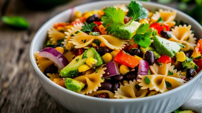 A vibrant, cold pasta salad in a stark white ceramic bowl. The salad features farfalle, grilled corn, black beans, diced avocado, red onion, and cilantro