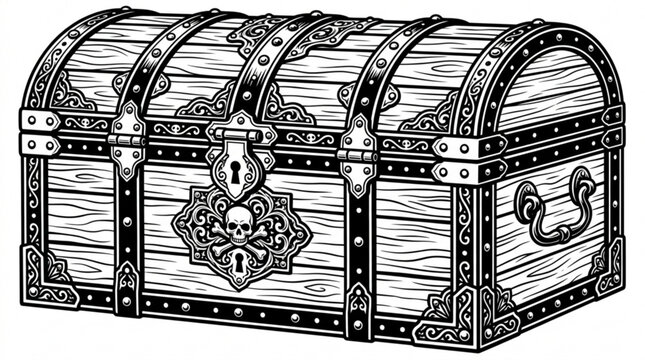 Treasure chest with skull and crossbones, old wooden chest with metal bands and lock, pirate treasure box
