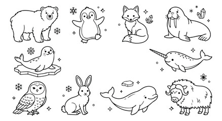 Arctic animals coloring page vector set, cute polar wildlife line art icons, winter forest and ocean creature illustrations for kids © Farah-Studio