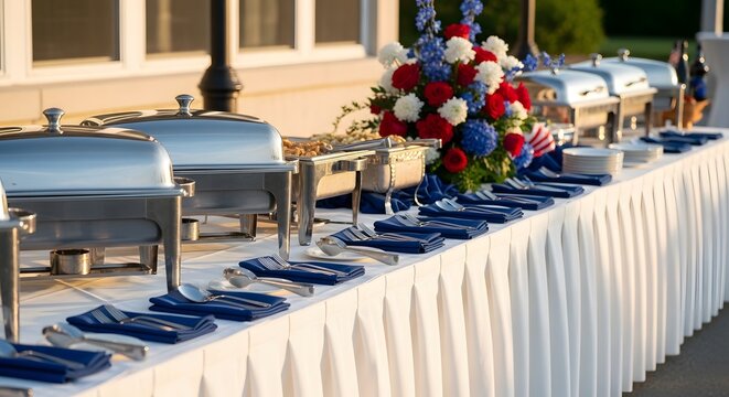 Elegant buffet setup with patriotic floral arrangement for event catering