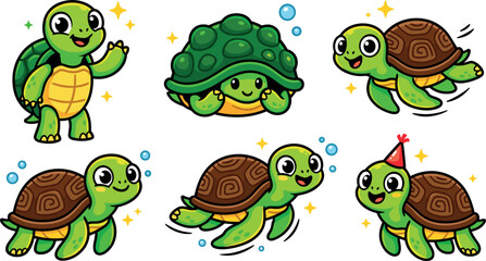 Obraz premium Cute Turtle Cartoon Character Sticker Set Featuring Kawaii Tortoise Waving Hiding In Shell Swimming Crawling and Wearing Birthday Party Hat