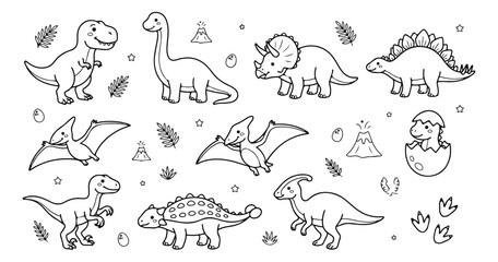 Cute dinosaur coloring page vector set, hand drawn prehistoric animal line art collection, black and white dino characters for kids activity books © Farah-Studio