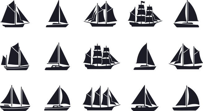 Set of 15 minimalist black and white sailboat on transparent background, ship mast