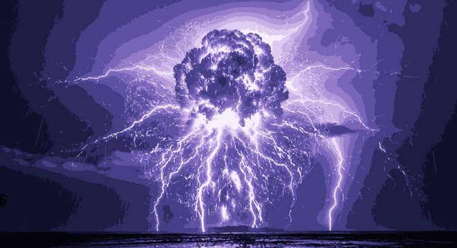Powerful purple lightning storm exploding like a nuclear bomb with dramatic energy and electrical discharge