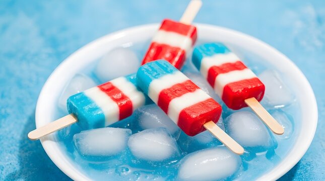 Patriotic red white and blue popsicles with ice in a bowl