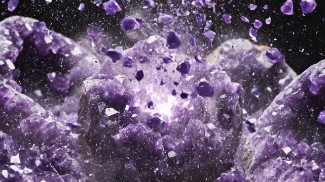 Brilliant purple amethyst geode cracks open revealing sparkling crystalline interior in dramatic light