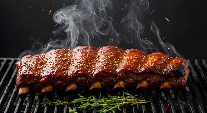 Smoked bbq ribs on grill with rosemary and spice rub