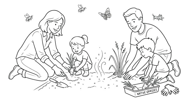 Line art family planting native grasses in garden, coloring book page of parents and children gardening, sustainable backyard restoration vector