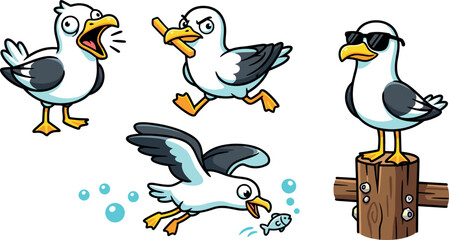 Obraz premium Funny Seagull Cartoon Character Sticker Set Featuring Screaming Bird Stealing French Fry Catching Fish and Standing Cool on Wooden Pier