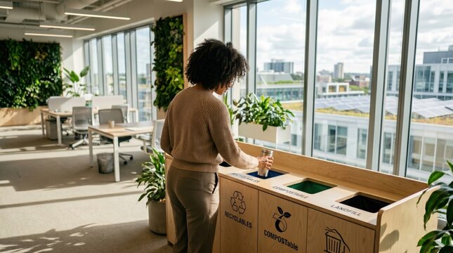 African American woman sorting trash into recycling and compost bins in modern eco-friendly office with green walls, promoting sustainable workplace practices.