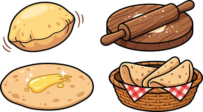 Indian Flatbread Cooking Vector Sticker Set Featuring Fluffy Puri Roti with Butter Rolling Pin and Bread Basket Icons on White Background