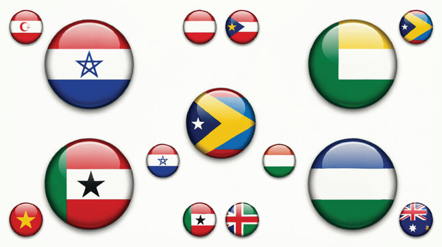 Round glossy badges with flags of various countries and regions displayed.