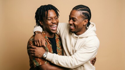 Obraz premium Two happy young african american men friends hugging and laughing together against neutral backdrop with friendship