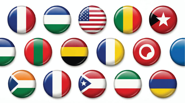 World flag badges collection with various national round button icons.